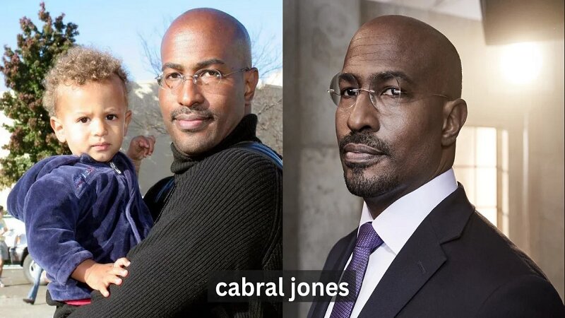 Van Jones holding his son, with a professional portrait of Van Jones next to him.