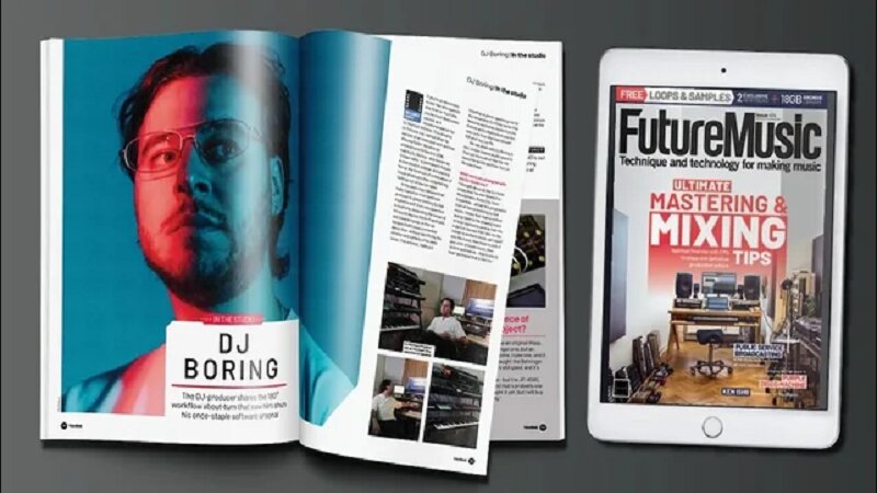 Open magazine spread featuring DJ Boring and an iPad displaying the cover of Future Music magazine with a headline about mastering and mixing tips