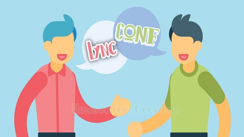 Illustration of two people chatting with speech bubbles that say 'Lync Conf,' symbolizing communication and virtual meetings in Microsoft Lync